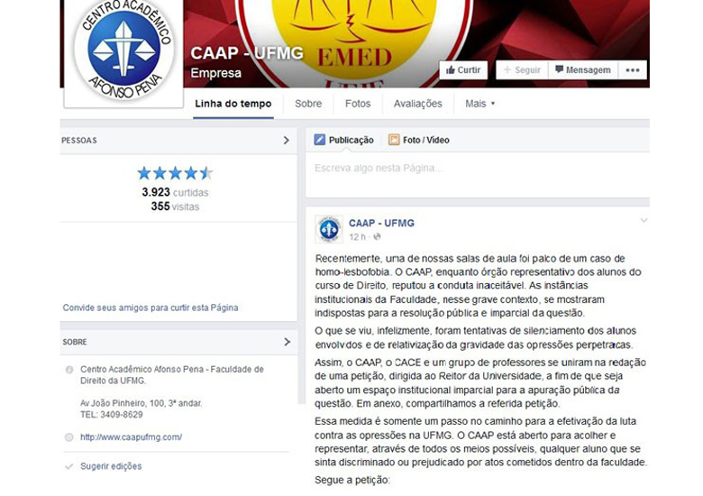 Mensagem postada no perfil do Centro Acadmico Afonso Pena (CAAP) no Facebook (Foto: Reproduo / Facebook)