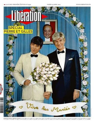 Numa Fran�a dividida pela lei do casamento gay, Pierre et Gilles provocaram com esse autorretrato na capa do jornal Lib�ration