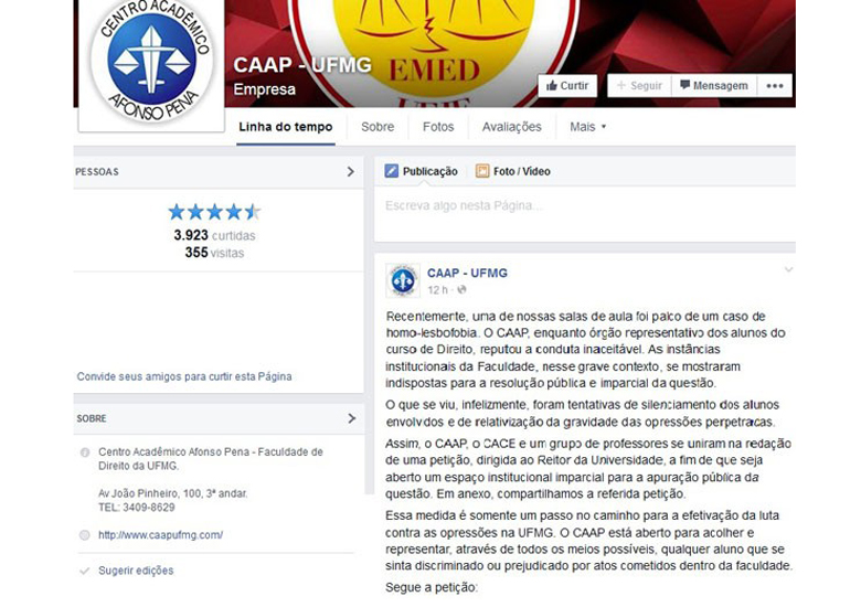 Mensagem postada no perfil do Centro Acad�mico Afonso Pena (CAAP) no Facebook (Foto: Reprodu��o / Facebook)