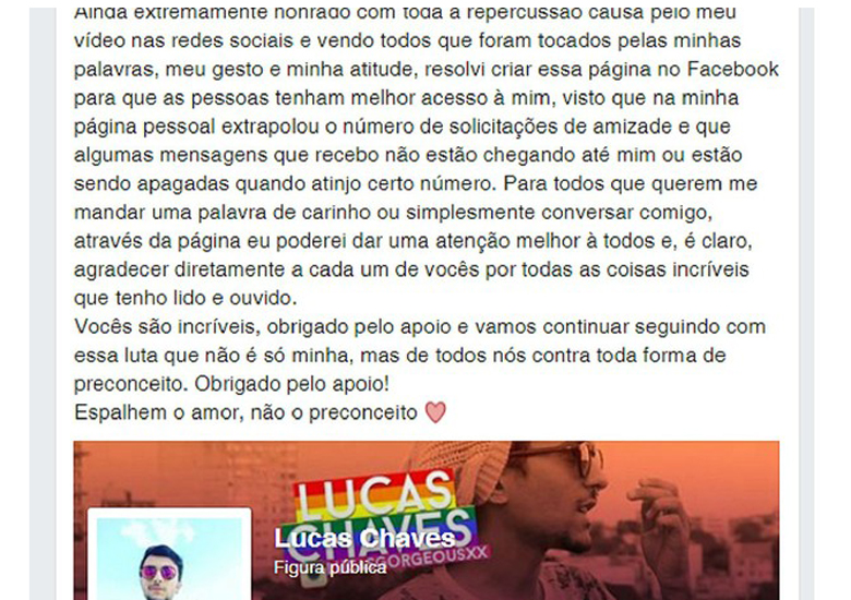 Lucas Chaves criou uma p�gina para interagir com quem tentou contato com ele ap�s a repercuss�o do v�deo (Foto: Facebook/Reprodu��o)