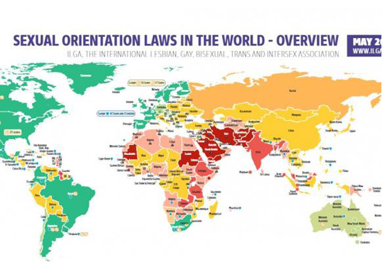 Mapa da Ilga sobre leis relacionadas � comunidade LGBT. �reas em verde mostram pa�ses que reconhecem direitos; e em vermelho, laranja e amarelo as na��es em que h� criminaliza��o, em algum n�vel, do relacionamento entre pessoas do mesmo sexo.Divulga��o/Ilga