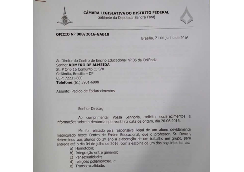Of�cio da deputada evang�lica que pede �provid�ncias legais� contra professor que tratou sobre homofobia em sala de aula.