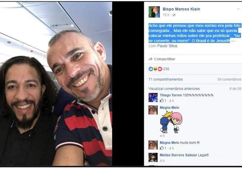 Print do Marcos Klein, da Comunidade B�blica da Gra�a, que tirou uma foto com Jean Wyllys e escreveu 'ou se converte, ou morre'.