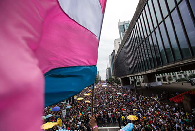 Bandeira do movimento T tremula na Parada do Orgulho LGBT de SP, em maio passado
