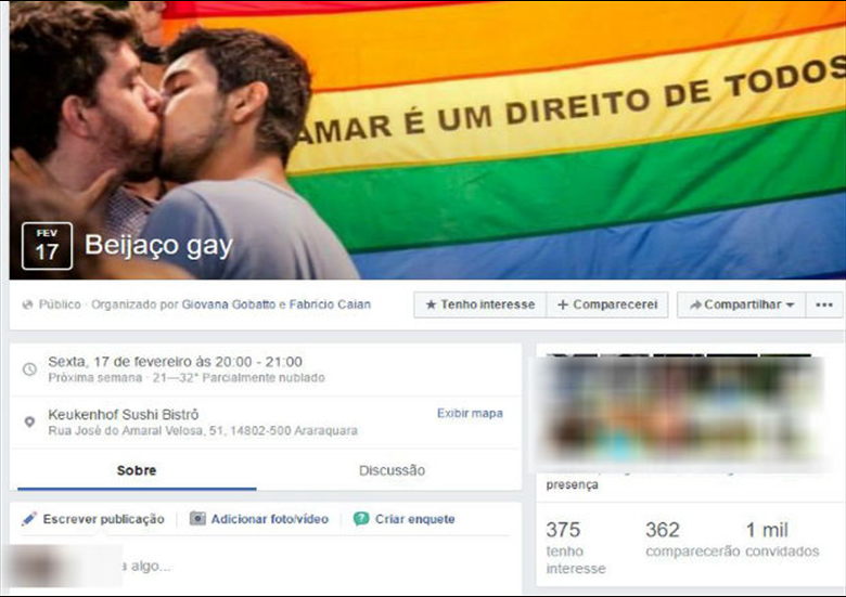'Beijao gay' ser realizado em frente ao restaurante em protesto.